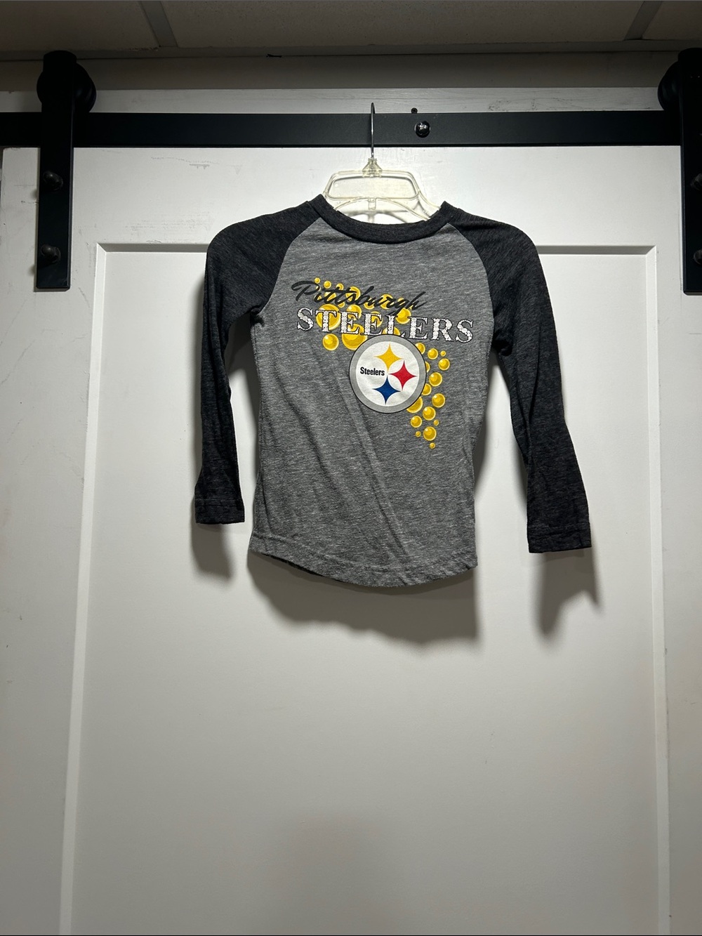 NFL Gray and Black Raglan Long Sleeve Tee with Yellow Steelers Logo
